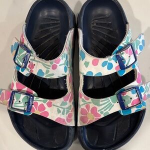 Birkenstock Kids Floral Double-Buckle Sandals in Navy, Pink & Teal